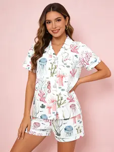 Calming White Ocean Life Pajama Set for Women, Button Down Short Sleeve, Spring Summer Breathable Loungewear, Ocean Print, Cozy Home Outfit