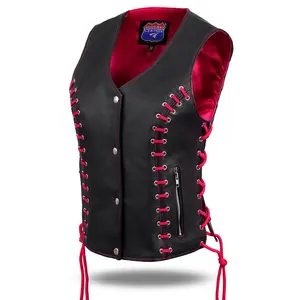 HL14859PINKEYELET Women's Pink/Black Buffalo Leather Vest with Eyelet Side Lace Adjustable Comfort Casual Everyday Style Elegance Soft Purple Vneck Tops Womenswear