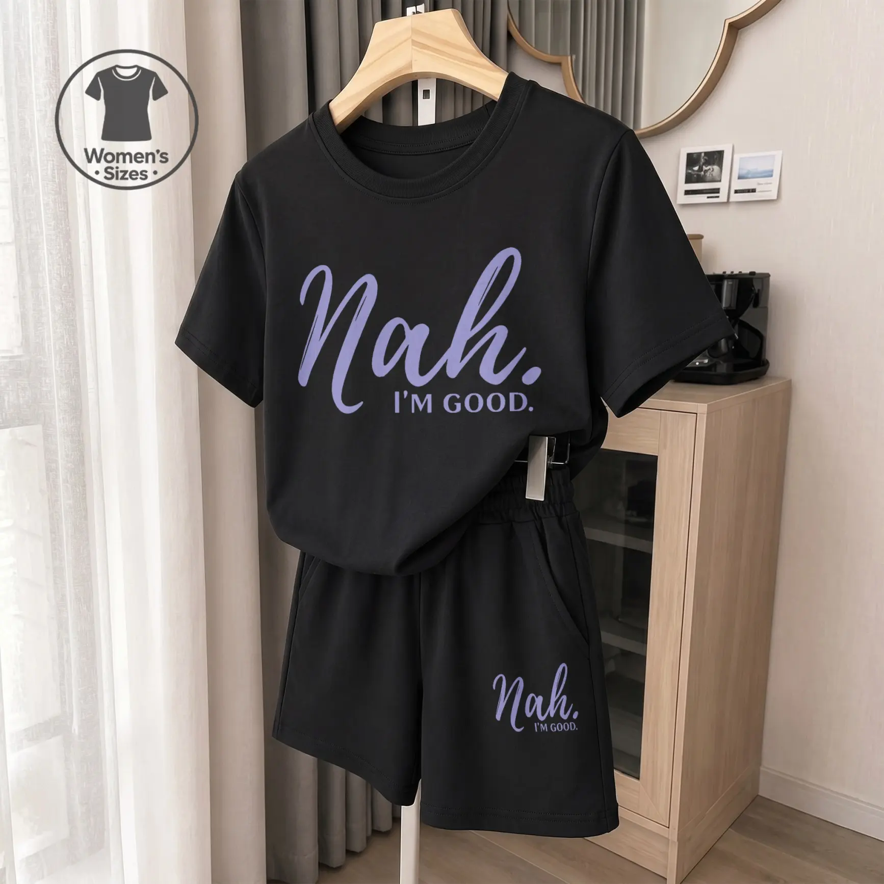 Women's Nah I'm Good Letter Print Short Sleeve T-Shirt And Shorts Set, Casual Summer Two-Piece Outfit With Crew Neck Top And Drawstring Waist Shorts For Daily Wear