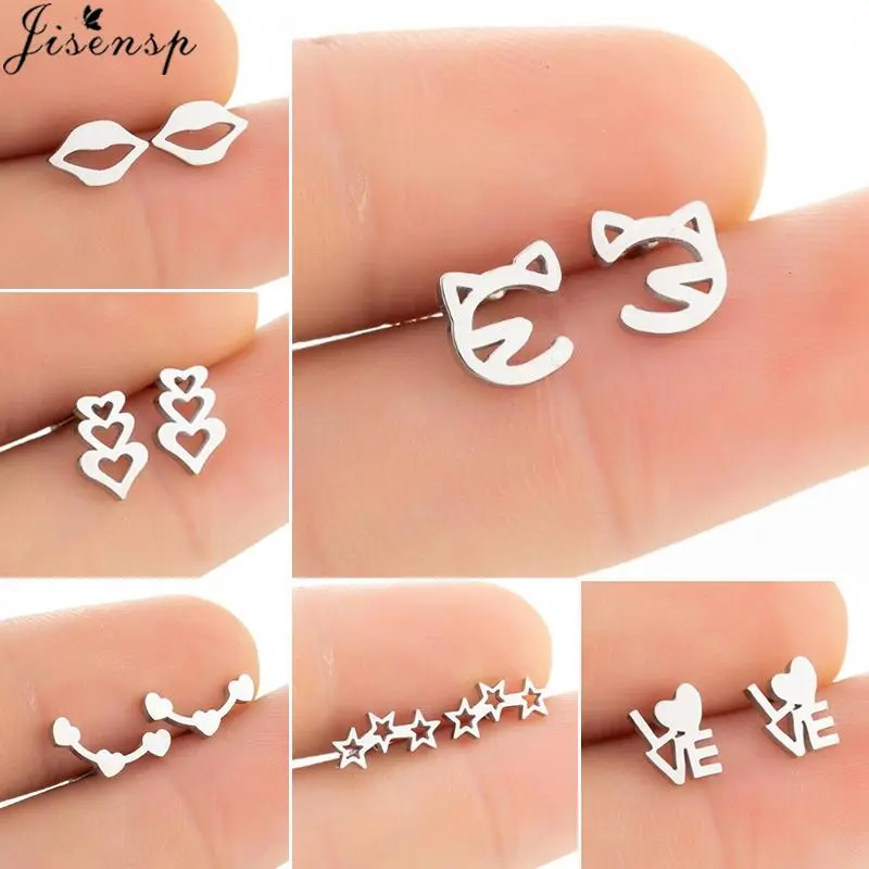 Unique Stainless Steel Cat Stud Earrings Women 2026 Small Cute Love Heart Star Lips Earings Fashion Jewelry Bridesmaid brincos