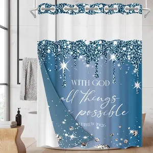 1PC 2D Flat Luxury Blue Glitter Diamond Bible Shower Curtain, Inspirational Quote Design, Waterproof & Detachable Liner, Bathroom Curtain (No Hooks)