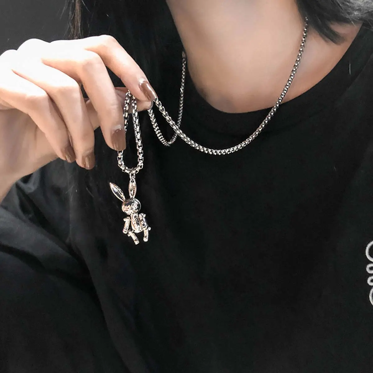 Artificial Gemstone Bunny Pendant Necklace - Movable Limbs, Tarnish-Resistant Silver Box Chain, Lightweight Unisex Unique Jewelry, 3 Years Durability, Teens' Casual Daily Wear Accessory, Animal Lovers' Birthday Gift