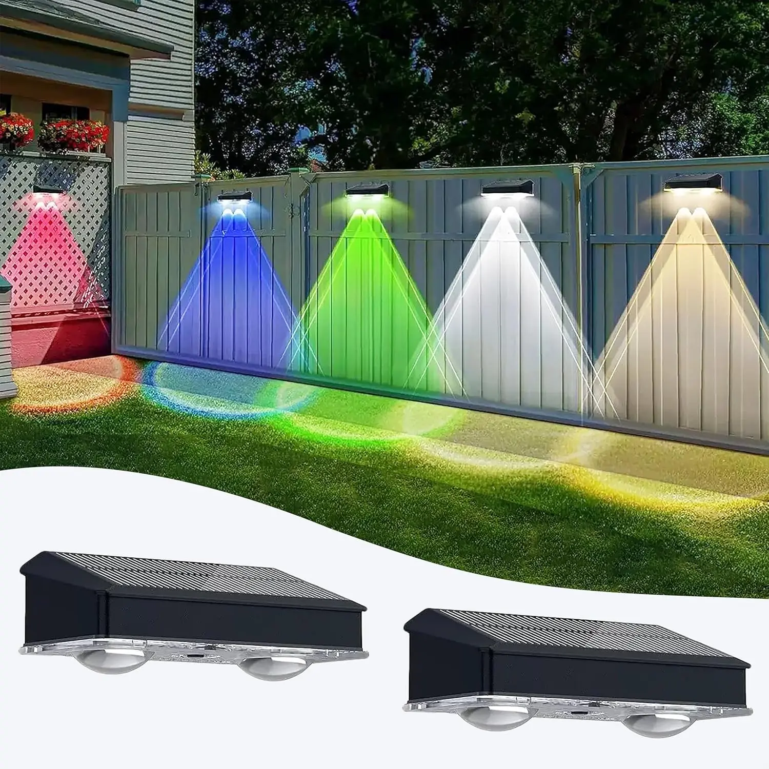 4pcs Solar Fence Lights Outdoor with 9 Colorful Light Fixtures, Semi-Flush Mount for Deck, Patio, Backyard Durable Plastic, Solar Fence Lights for Outside, Patio Illumination