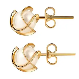 18K Gold-Plated Caged Faux Pearl Stud Earrings for Women, 6mm/8mm Round Pearl Floral Earrings, Elegant Jewelry Gift