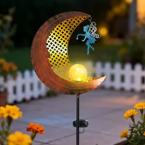 Solar Garden Statues Outdoor Decor, Fairy Moon Figurine Light Stake, Housewarming Ornament for Patio, Lawn, Yard, Pathway - Unique Gift Ideas for Gardening Mom Grandma