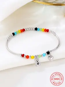 S925 Sterling Silver Cute Bear & Heart Design Beaded Bracelet, Fashion Jewelry for Party, Daily Clothing Decor, Trendy All-match & Exquisite Jewelry for Birthday Gift
