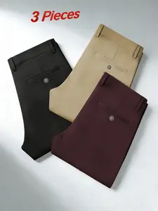 Three-pieces Men's New Loose Straight Leg Elastic Solid Color Formal Pants, Anti-Wrinkle Comfortable Business Casual Trousers for All Seasons, Casual Comfy Elastic