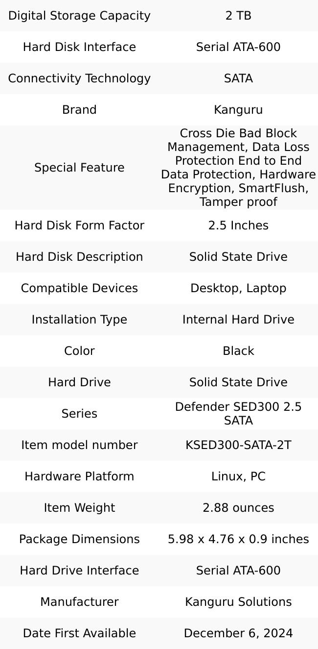Kanguru Defender SED300  2 TB SATA Internal Self-Encrypting Solid State Drive  FIPS 140-2 Certified