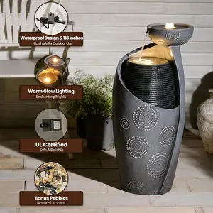 Tankana Outdoor Water Fountain Feature Indoor Garden Large Jar Floor Standing Fountains Waterfall with LED Light & Pump for Home Decor Office Yard Patio Deck Porch 32 inches Gray Freestanding Leaf Water Fountain