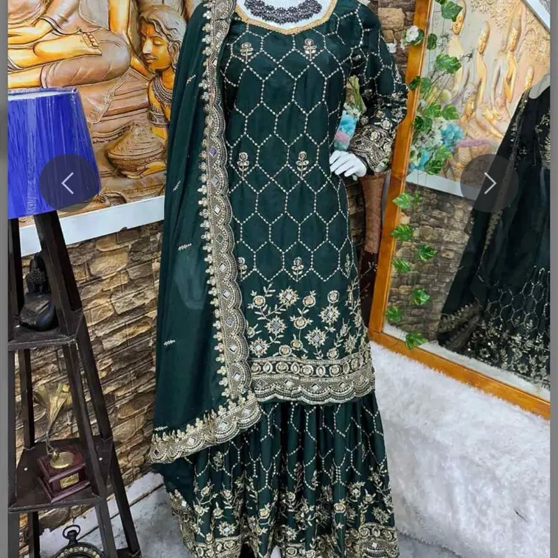 Most Picked Chinon Silk Embroidery Sequin Work Top Sharara with Dupatta Green Women's Wear Costume Comfortable Dress - Clothes, Womenswear