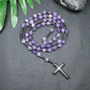Natural Amethyst String Beads Necklace For Women Catholic Christ Rosary Necklaces Men Hematite Crosses Pendant Necklace Jewelry  unique bead