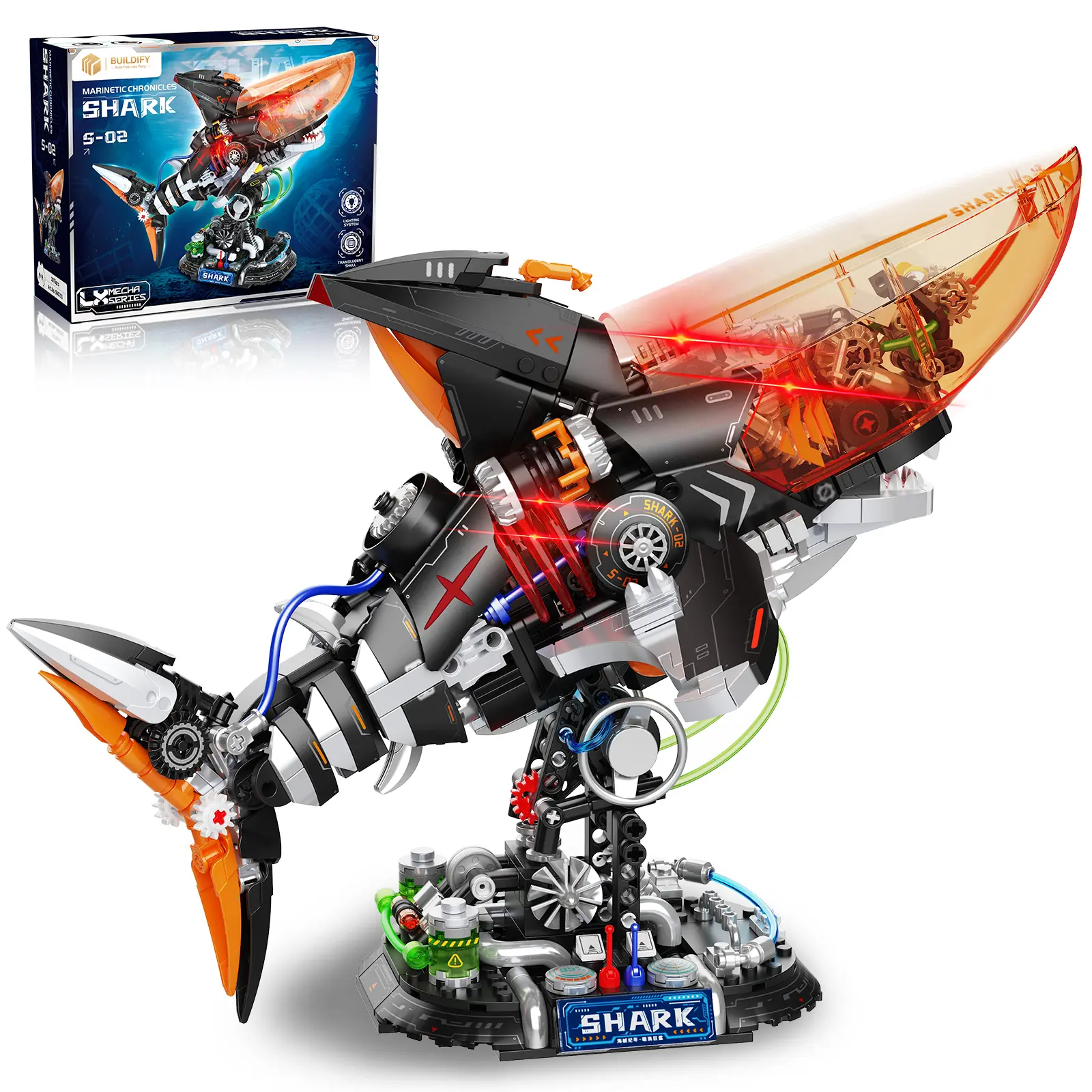 TENHORSES Ideas Mechanical Shark Building Set with Display Stand and Light Marine Animal with Linkage Function for Adults Ocean & Mechanical Enthusiasts Compatible with Legos for Boys Age 8-12