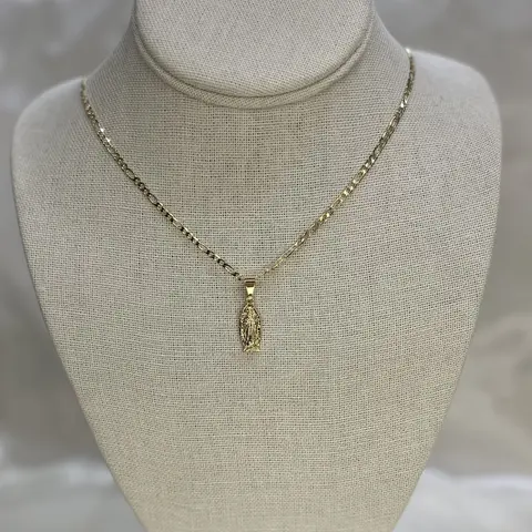 Gold Plated Virgen de Guadalupe Pendant paired with a Figaro Style Chain