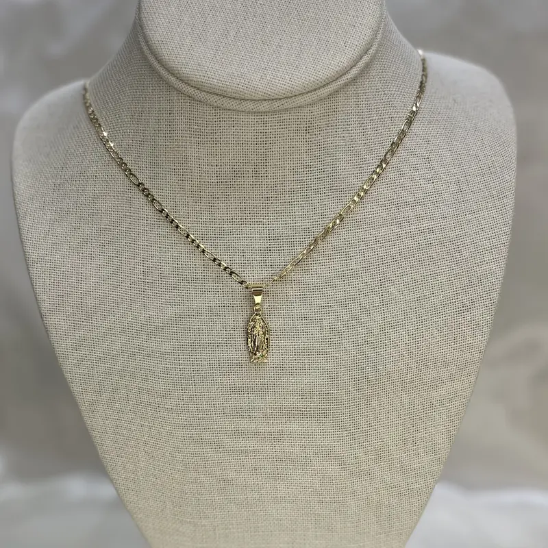 Gold Plated Virgen de Guadalupe Pendant paired with a Figaro Style Chain