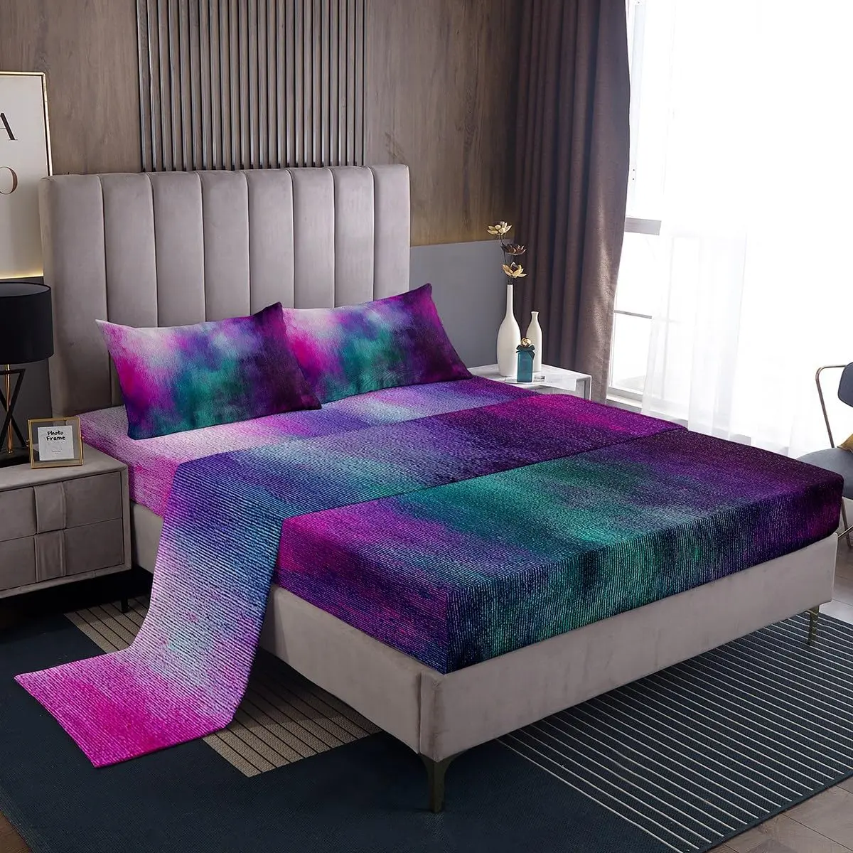 Abstract Purple Teal Bedding Set For Women Retro Lavender Color Turquoise Tie Dye Bed Sheets Trippy Watercolor Ombre Sheet Set Cyan Violet Gradient Fitted Sheet Set 1 Pillow Case