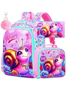 3Pcs Backpack for Girls, 16" Snail Kids School Backpacks with Lunch Box, Bookbag for Elementary Preschool Kindergarten(Pink)