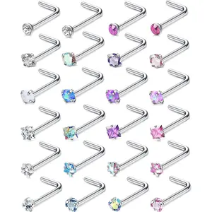 24Pcs 20G Silver Nose Studs Surgical Steel Nose Piercing Jewellery Hypoallergenic Colorful CZ Opal Small Nose Stud Stuf I Shaped/L Shaped Nose Stud Screw Nose Piercing Stud for Women Girls