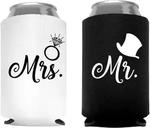 Mr. and Mrs. Can Coolers, Set of 2 - White and Black  Coolers,  Wedding, Engagement, and Bridal Shower