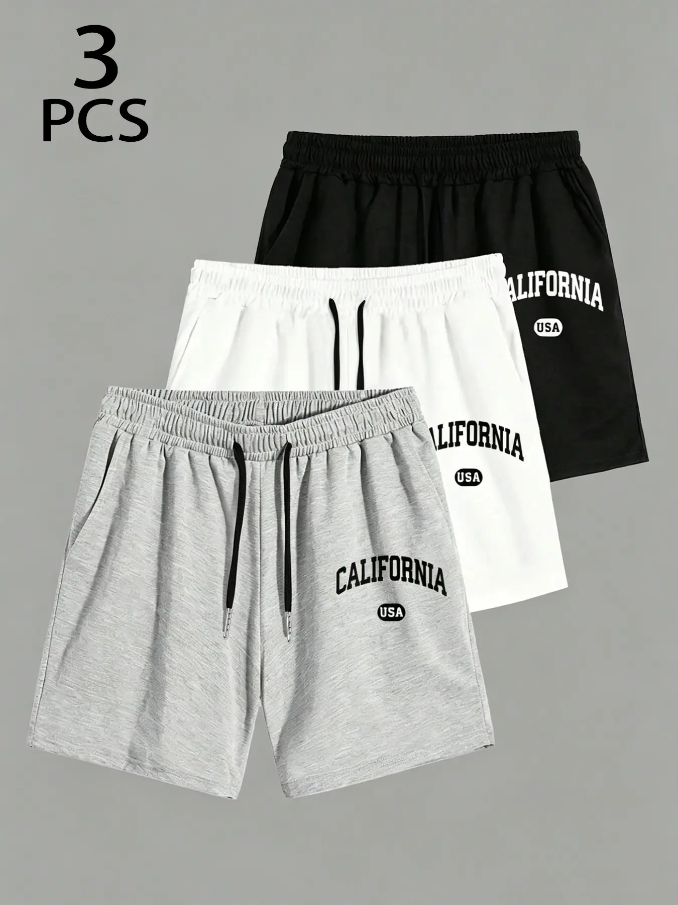 3 Pack Men's California USA Print Casual Shorts - Elastic Waist Drawstring Cotton Sweat Shorts, Athleisure Shorts, Graphic Shorts, All Match for Gym Workout Streetwear Summer Beach, One Outfit Multi-Wear