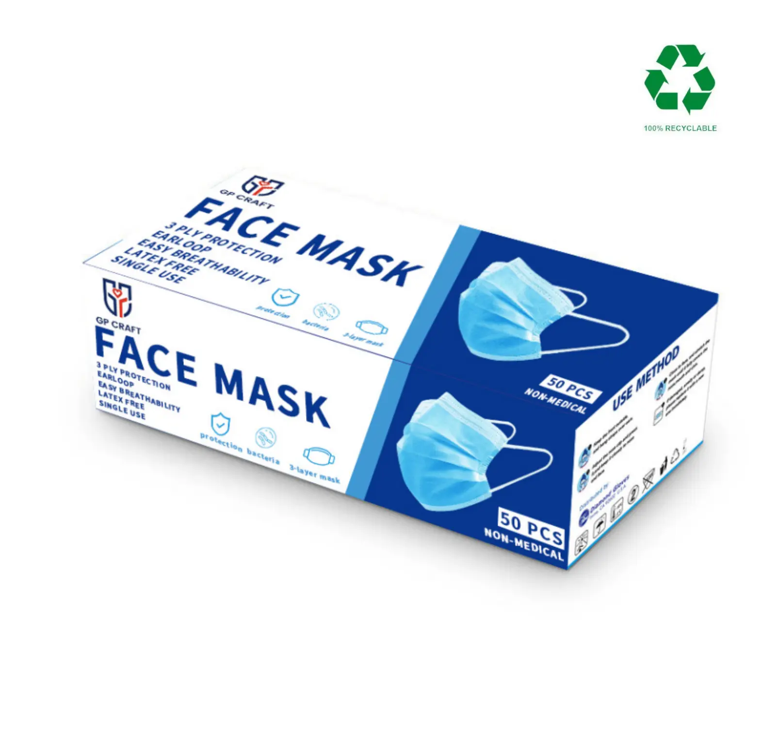 GP Craft Get Prepared 3-Ply Disposable Earloop Face Masks - 3-Layer Non-Medical Cotton Protective Barrier, Breathable Single-Use for Home, Travel, 3-Ply Face Masks, Three-Layer Face Masks