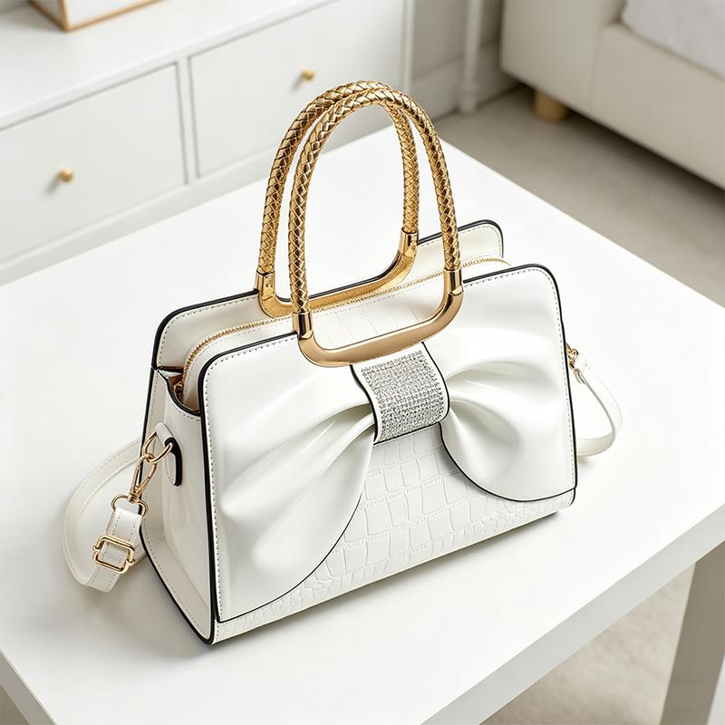 Women’s glossy leather handbag with top handle — medium-structured shoulder/handbag with adjustable strap