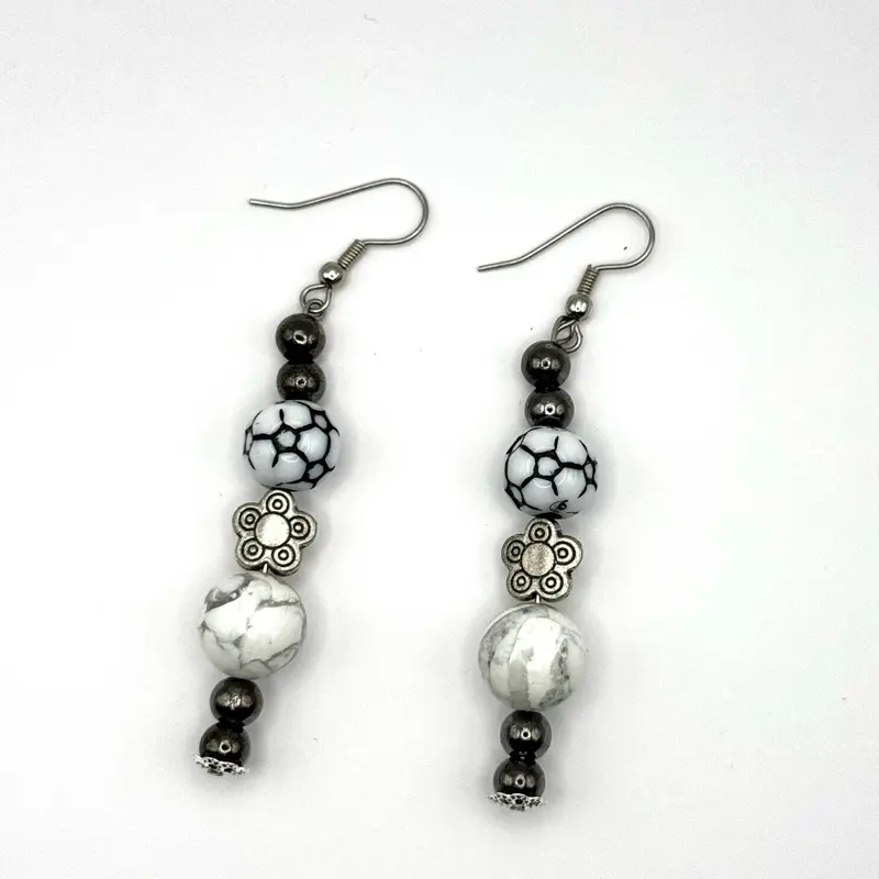 Arizona Girl Earrings with Gray and Black Beads Featuring Soccer Ball and Flower Charms for Stylish Accessory