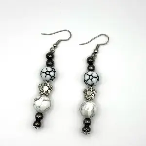Arizona Girl Earrings with Gray and Black Beads Featuring Soccer Ball and Flower Charms for Stylish Accessory