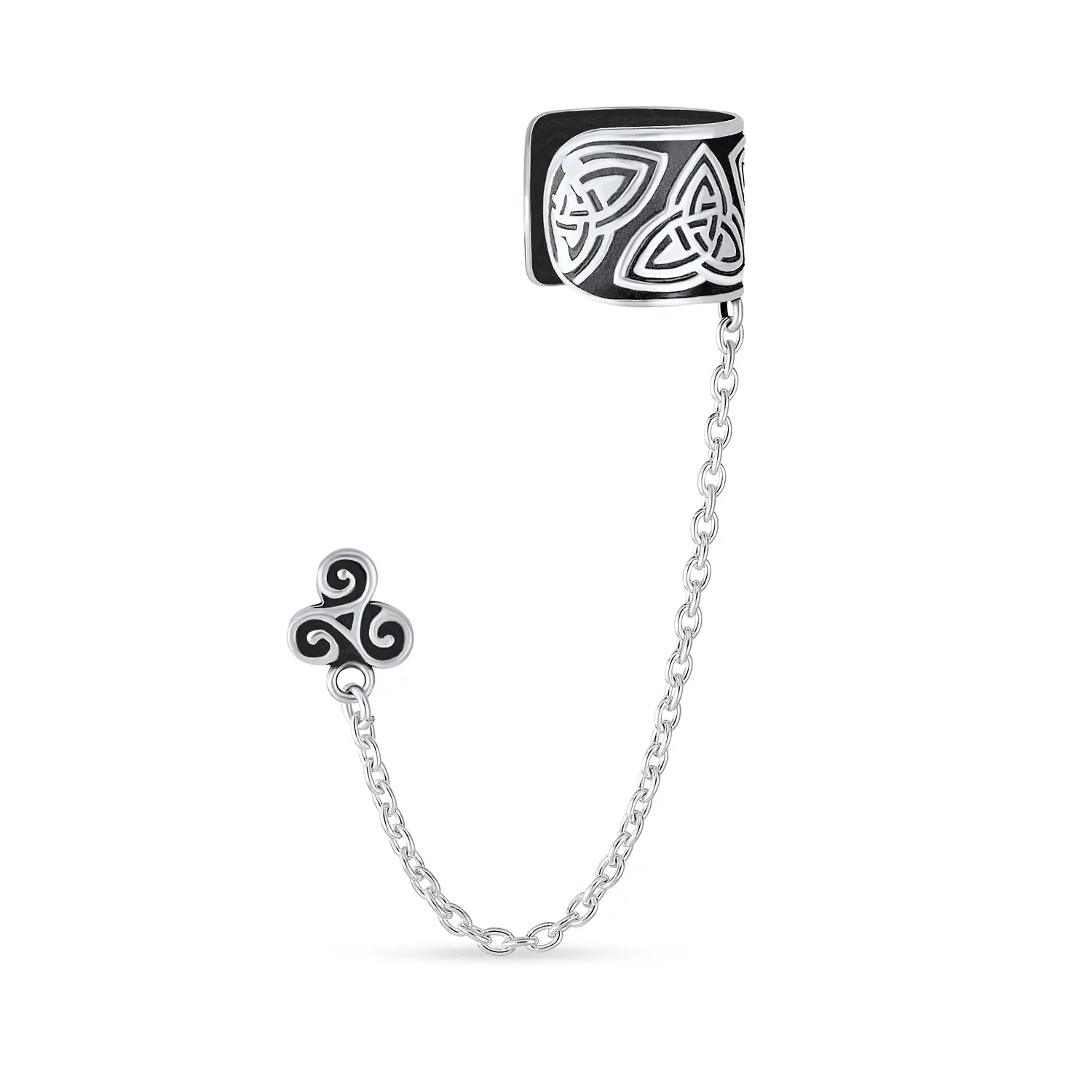 Celtic Triskele 1 Cartilage Ear Cuff & Chain Stud Earrings Sterling Silver