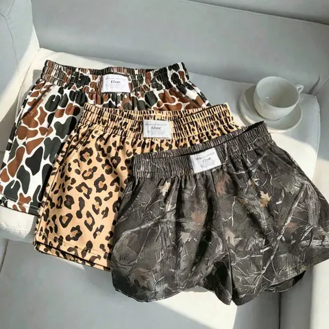 3 pieces, American retro street style ethnic sexy casual, Loose leopard print+camouflage spots+ full print elastic waist sports shorts, suitable for daily commuting and outdoor wear, versatile for women in summer