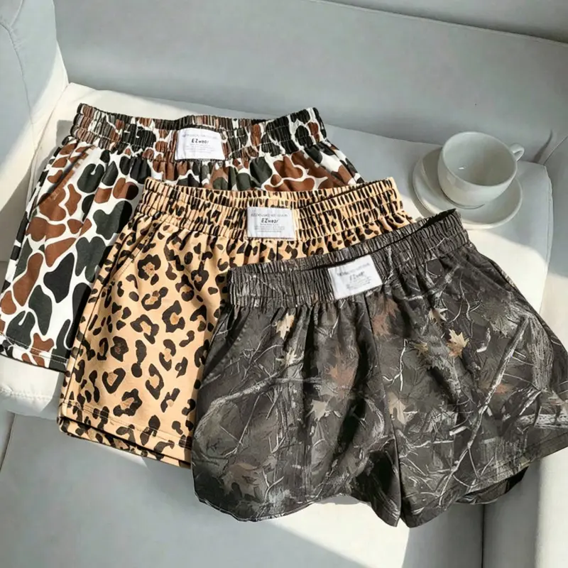 3 pieces, American retro street style ethnic sexy casual, Loose leopard print+camouflage spots+ full print elastic waist sports shorts, suitable for daily commuting and outdoor wear, versatile for women in summer
