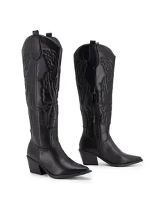 Ladies' fashionable high-top cowboy boots feature embroidery, chunky heels, and pointed toe design. The black style is easy to slip on