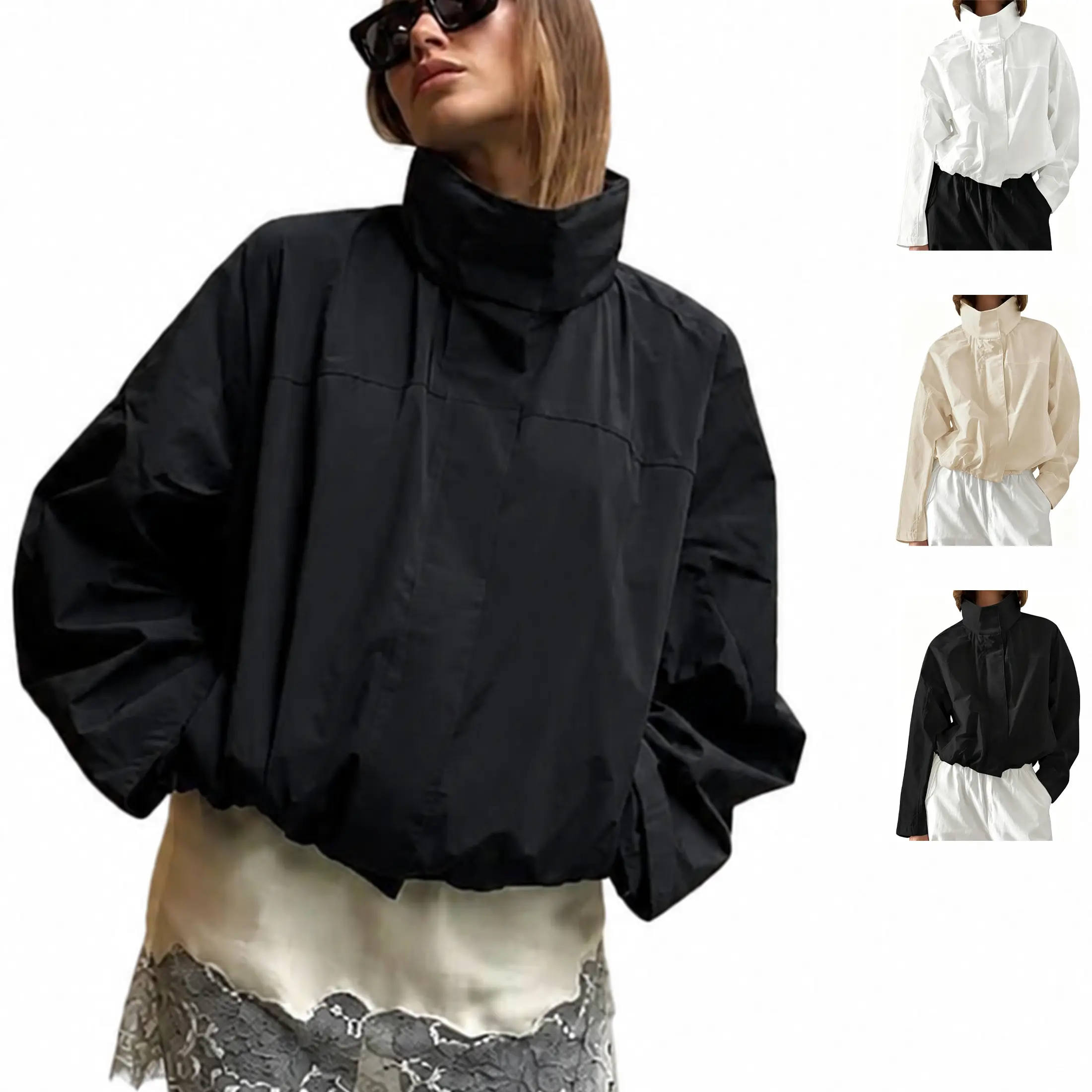 Buenoble Women Oversized Cropped Stand Collar Windbreaker Lightweight Half Zip Casual Jacket Sun Protection Spring Fall Outerwear