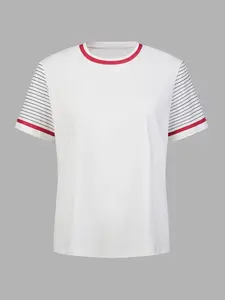 2026 Summer New Lightweight Breathable Cool Women's Round Neck Short Sleeve T-Shirt, Striped Patchwork Design, American College Style