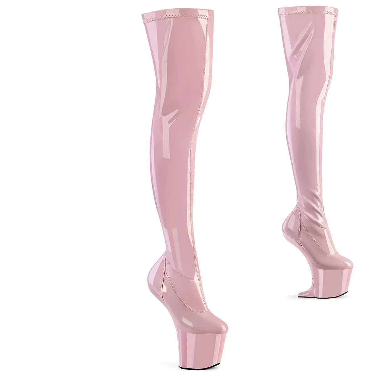 Women's Baby Pink Thigh-High Heelless Boots, 8-Inch Platform with Convertible Wedge in a Glossy Stretch Synthetic Finish, Footwear