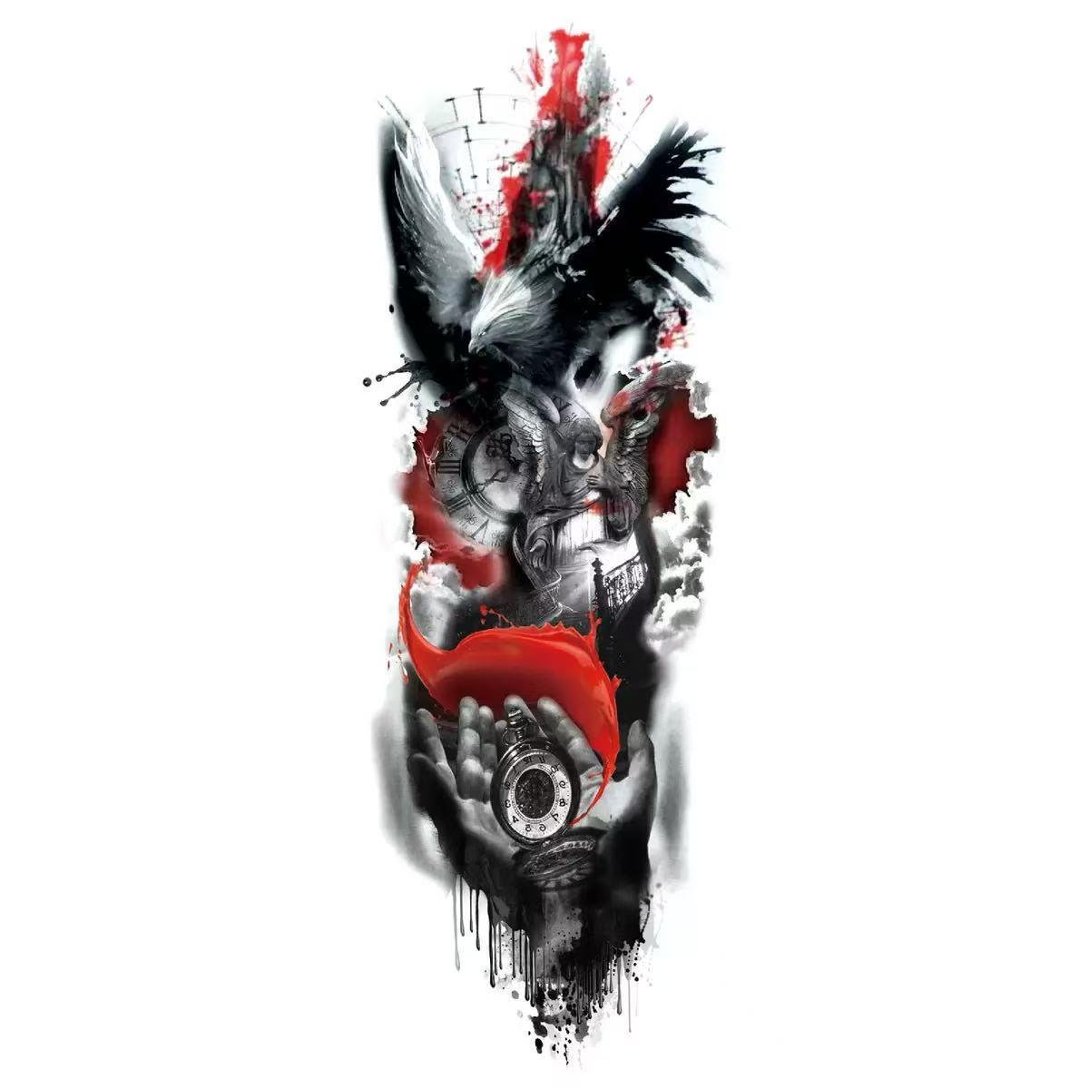 8 Full-Arm Tattoo Stickers: Crown, Lion, Skull, Angel, Wolf, Rose, Clock; Waterproof Tattoo Stickers