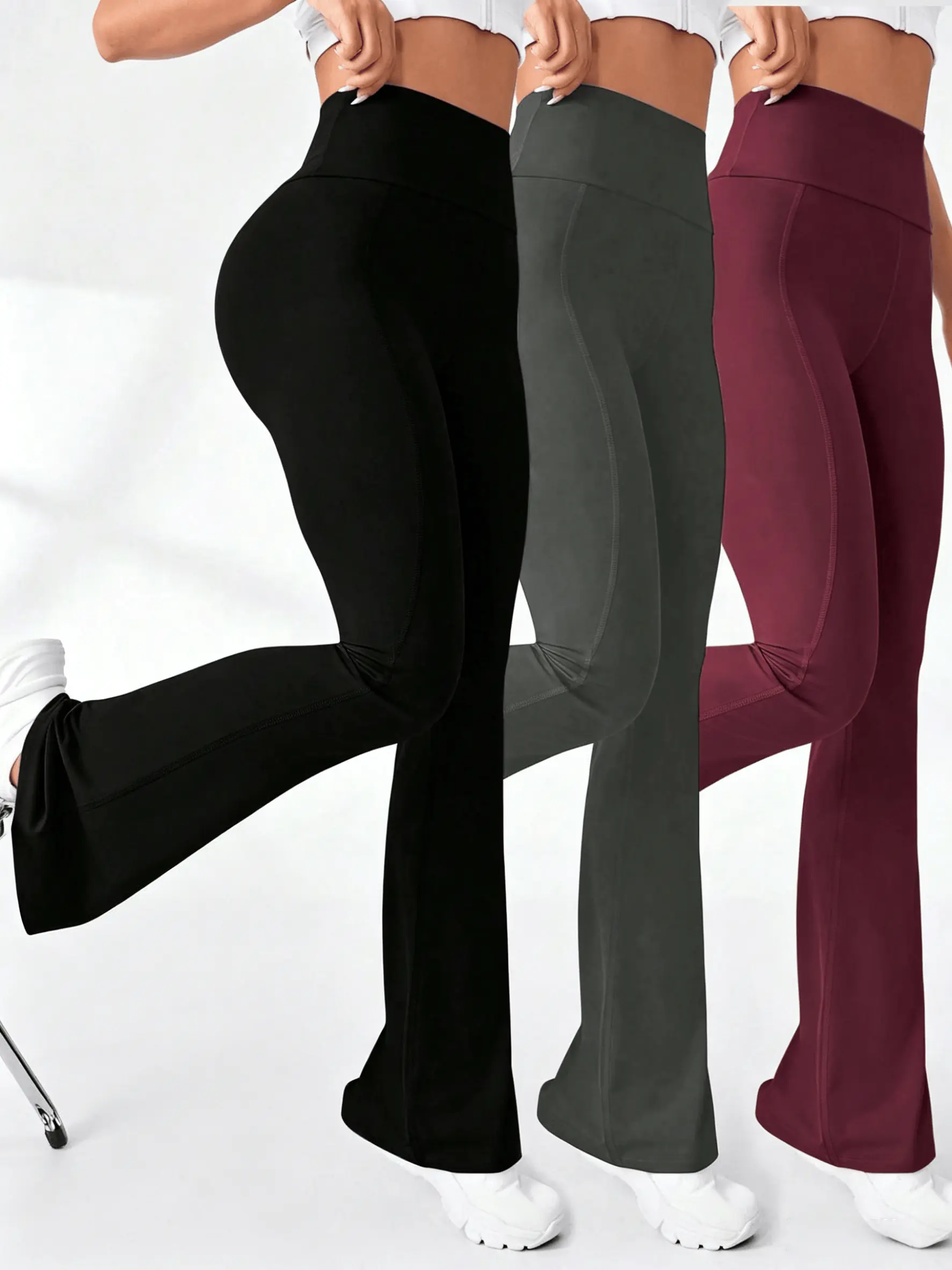 3PCS 3-Pack High Waist Fleece-Lined Flare Leg Pants for Women, Solid Color, Long Length, Skinny Fit, Side Pockets, High Stretch, Knit Fabric, Fall/Winter Sports Yoga Bell Bottoms, Quick Dry, These High-Waisted Pants Provide Tummy Control