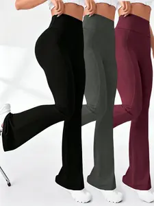 3PCS 3-Pack High Waist Fleece-Lined Flare Leg Pants for Women, Solid Color, Long Length, Skinny Fit, Side Pockets, High Stretch, Knit Fabric, Fall/Winter Sports Yoga Bell Bottoms, Quick Dry, These High-Waisted Pants Provide Tummy Control