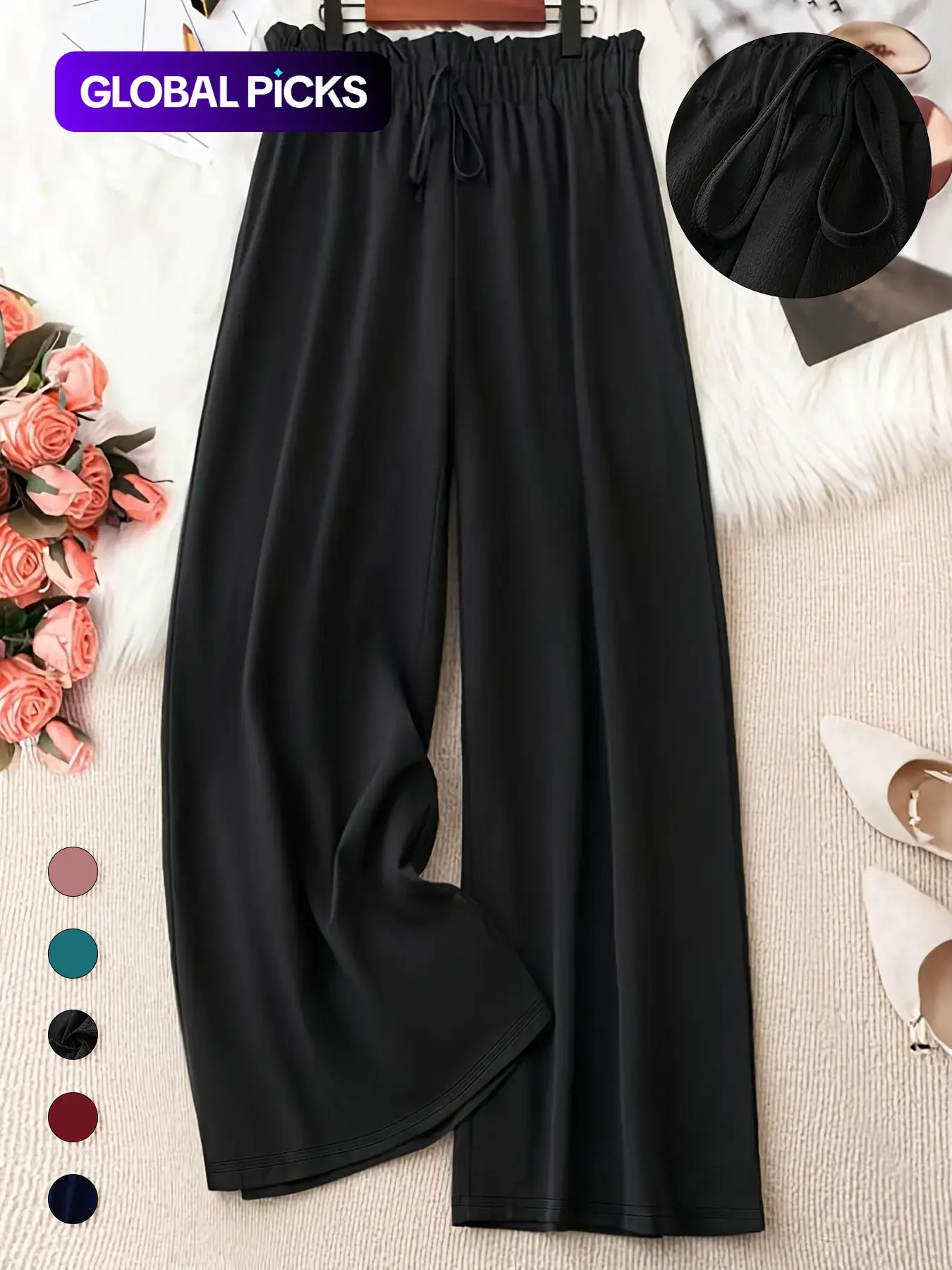 Plus Size Solid Knot Front Elastic Waist Wide Leg Baggy Woven Drape Pants, Casual Style Loose Fit Trousers for Everyday Wear, Women's Bottoms for Spring & Summer, Womenswear, Adjustable, Breathable