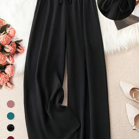 Plus Size Solid Knot Front Elastic Waist Wide Leg Baggy Woven Fabric Drape Pants Casual Style Loose Fit Trousers for Everyday Wear, Women's Bottoms for Spring & Summer, Womenswear, Adjustable, Breathable