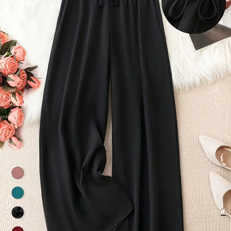 Plus Size Solid Knot Front Elastic Waist Wide Leg Baggy Woven Fabric Drape Pants Casual Style Loose Fit Trousers for Everyday Wear, Women's Bottoms for Spring & Summer, Womenswear, Adjustable, Breathable