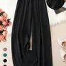 Plus Size Solid Knot Front Elastic Waist Wide Leg Baggy Woven Fabric Drape Pants Casual Style Loose Fit Trousers for Everyday Wear, Women's Bottoms for Spring & Summer, Womenswear, Adjustable, Breathable