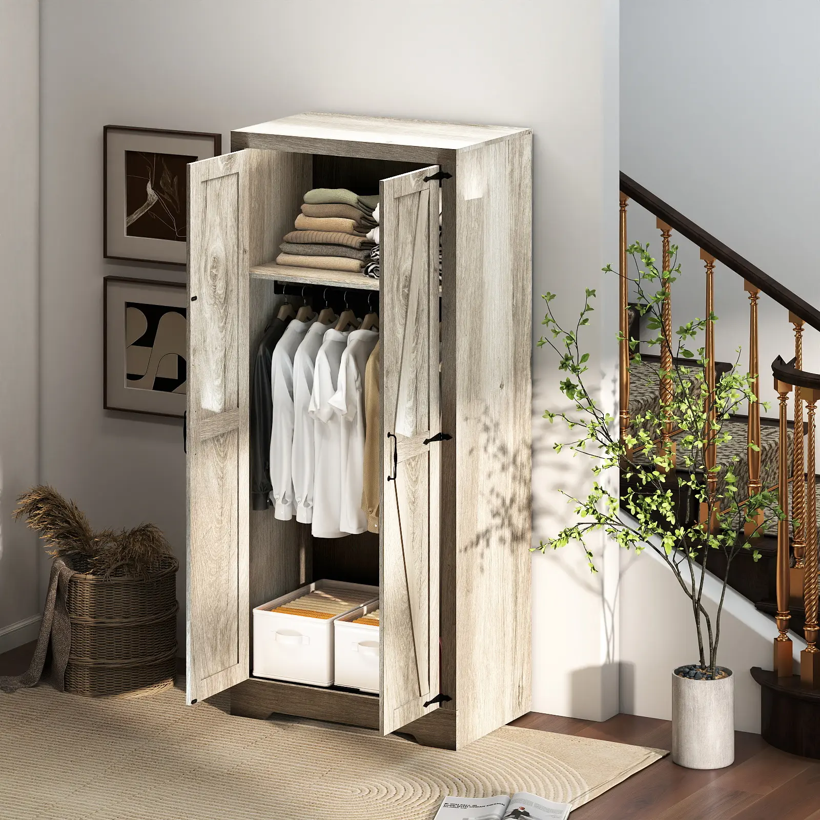 70.8-in Freestanding Wooden Full Size Large Capacity Wardrobe, Double-Door Storage Cabinet with Independent Metal Hanging Rod & Adjustable Bookshelf, Easy Install for Bedroom & Living Room, Full Size Wardrobes