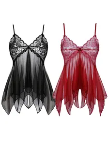 Front Split Short Women's Lace Mesh Babydoll Lingerie with matching panty, Lightweight sheer Sleepwear with Adjustable Straps