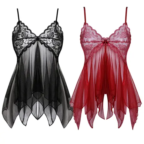 Front Split Short Women's Lace Mesh Babydoll Lingerie with matching panty, Lightweight sheer Sleepwear with Adjustable Straps, Floral Lace Babydoll lingerie women