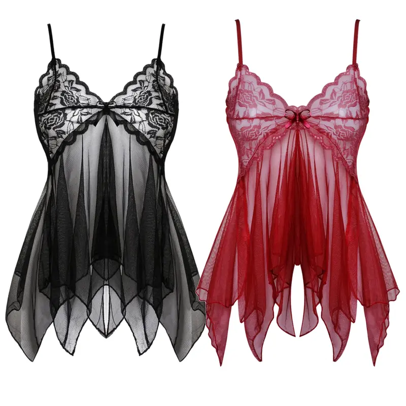 Front Split Short Women's Lace Mesh Babydoll Lingerie with matching panty, Lightweight sheer Sleepwear with Adjustable Straps, Floral Lace Babydoll lingerie women