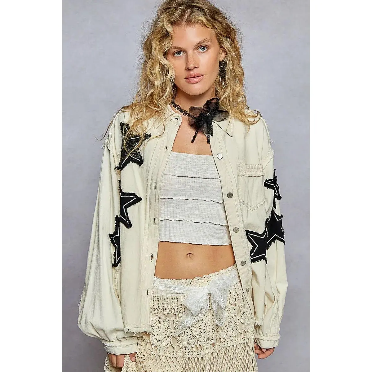 POL Star Patch Raw Hem Button Up Denim Jacket