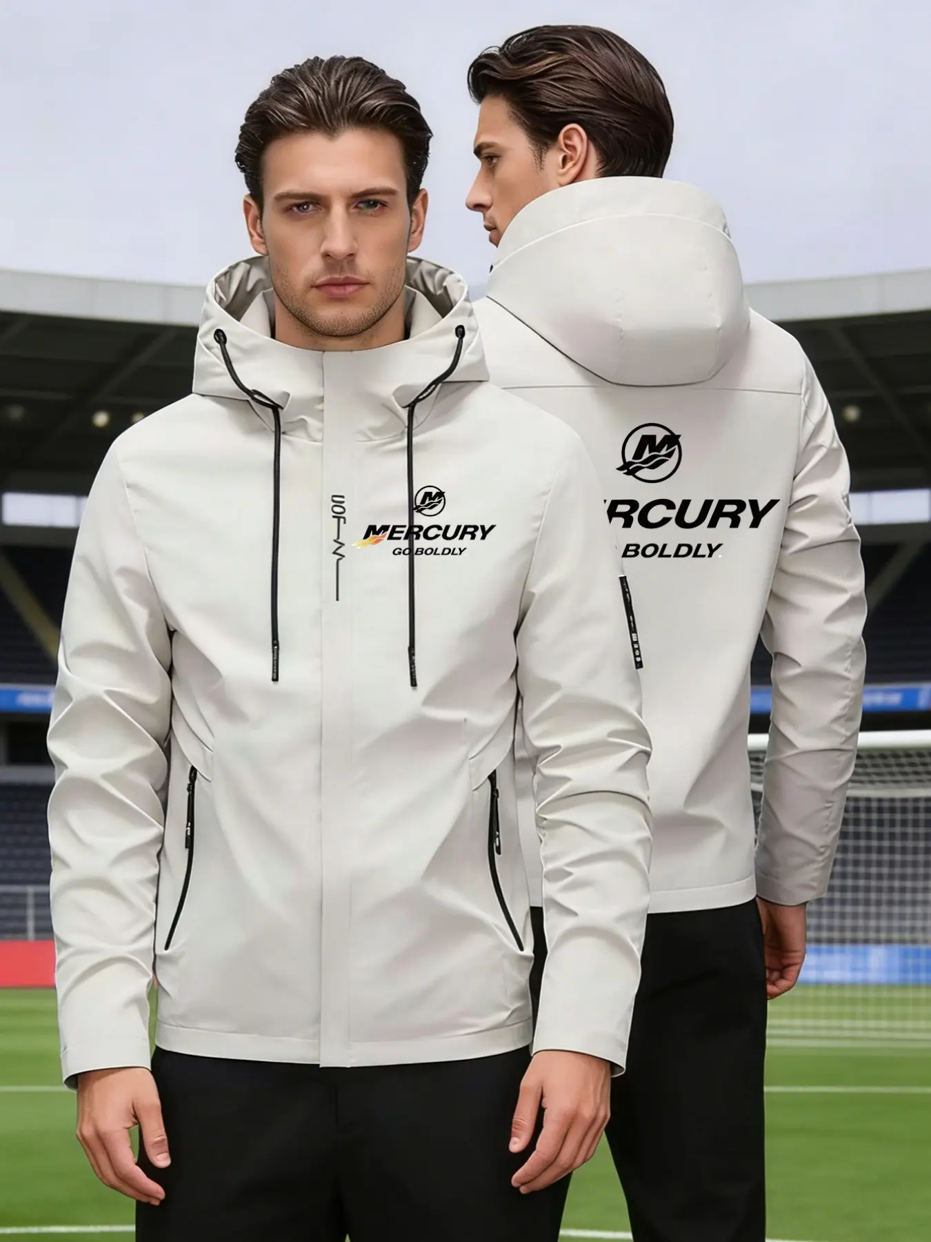 Men's Mercury Print High-Quality Hooded Jacket, Spring & Fall New Premium Zipper Pocket Jacket, Casual Fashion Outdoor Sports Jacket