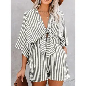 Women's Striped Print Knot Front Romper, Casual Fit Batwing Sleeve Pocket Jumpsuit, Ladies Flattering Silhouette High Waist Clothes for Summer Everyday Wear Back To School, Rompers for Women, Womenswear, Garment Fabric Overalls