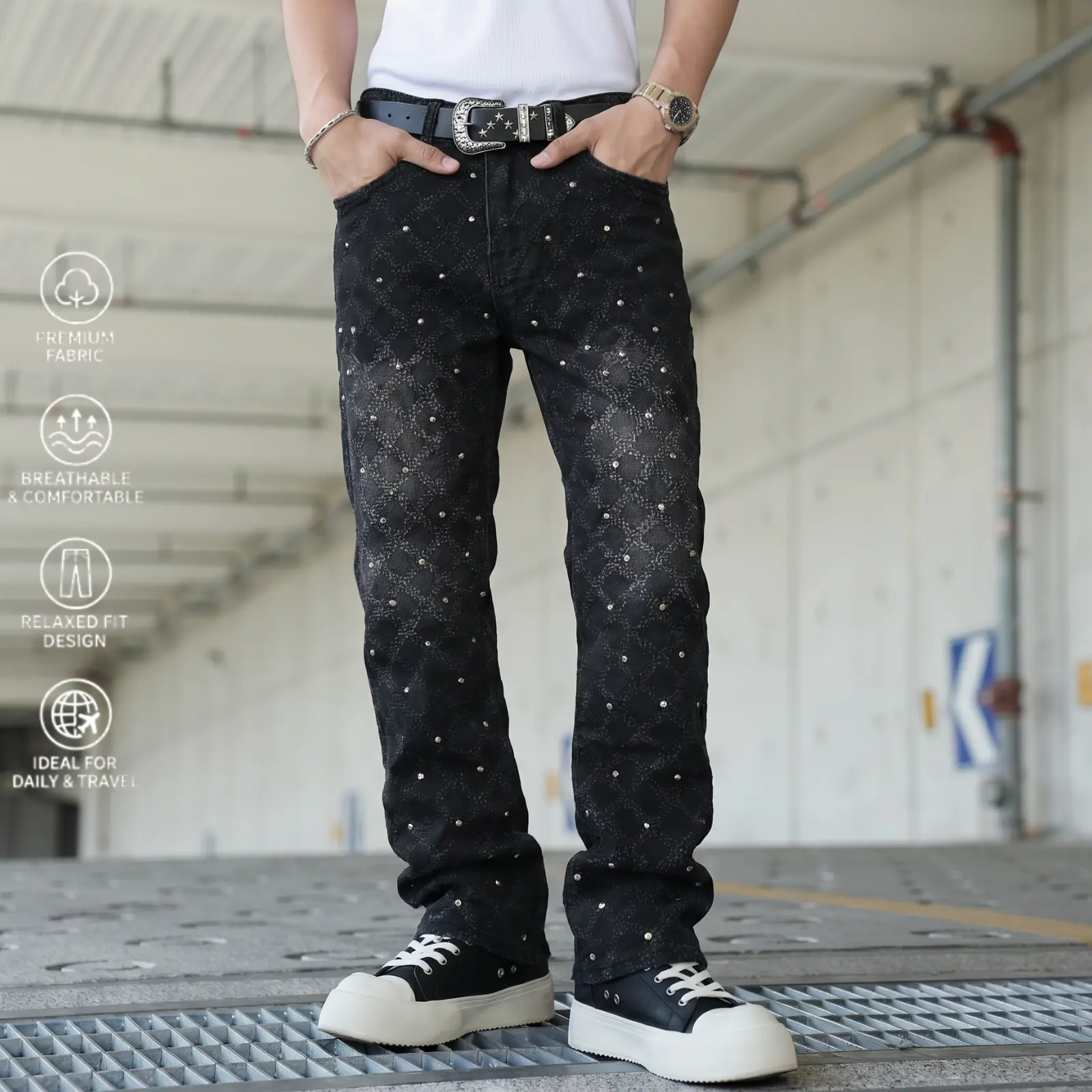 Distressed black all-over print diamond texture rhinestone heat-transfer long pants with slight flare, scattered small metal rhinestones throughout, fuzzy hem—trendy denim jeans long pants