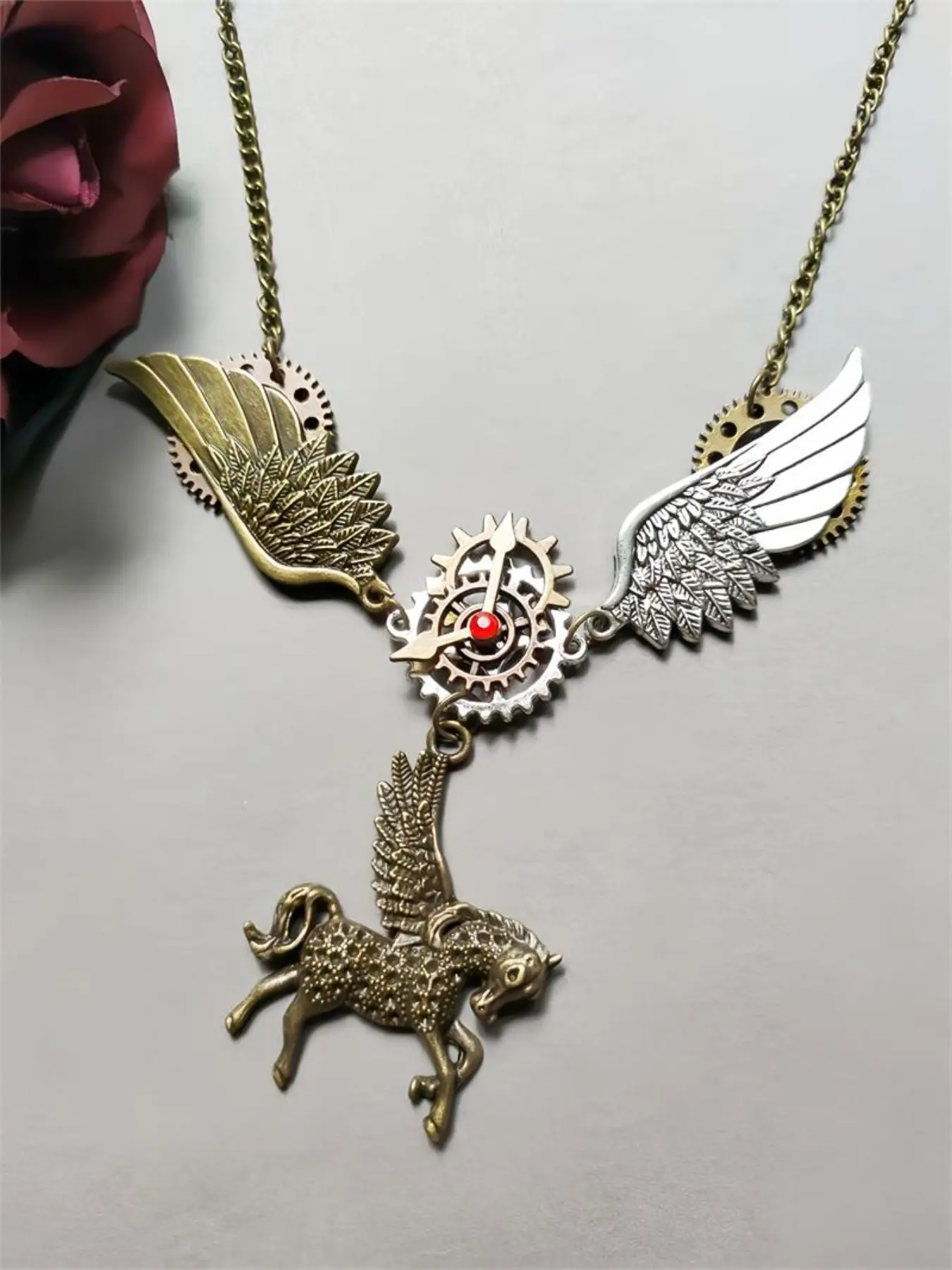 Unique Handmade Unicorn Pegasus Pendant Necklace, Retro Flying Wings & Gears Steampunk Necklace, Gothic Jewelry for Special Occassions